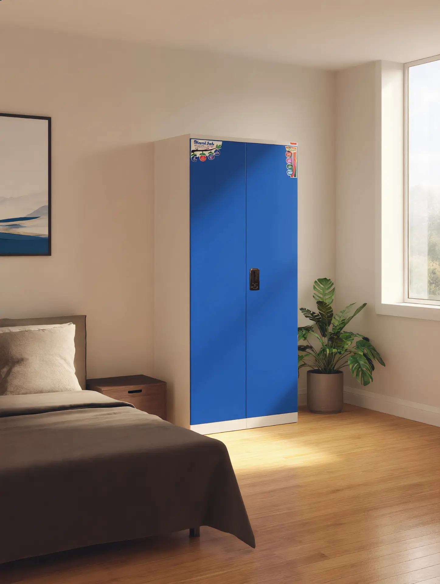 Blue two-door steel almirah in a bedroom