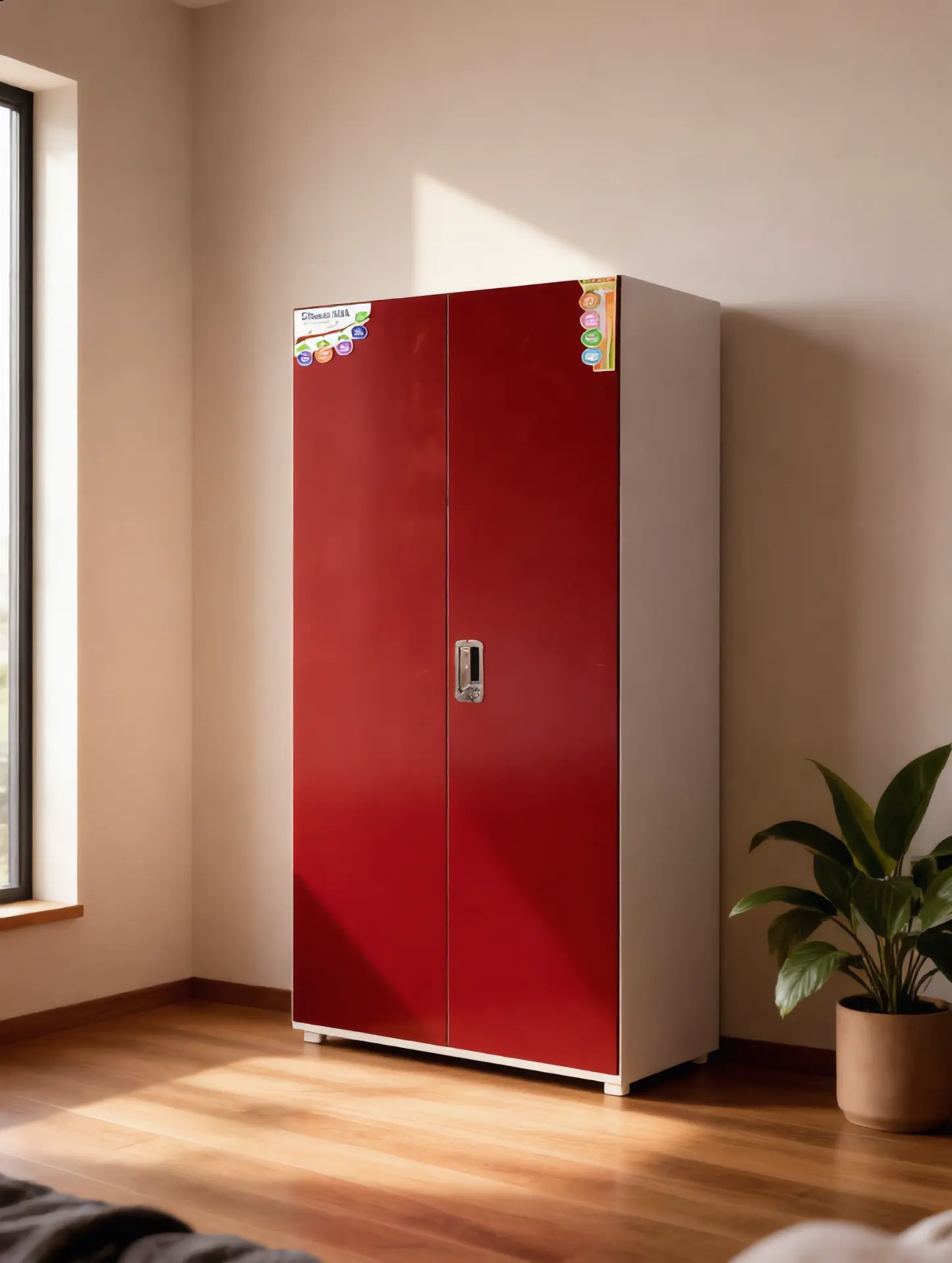 Red steel almirah with locker handle