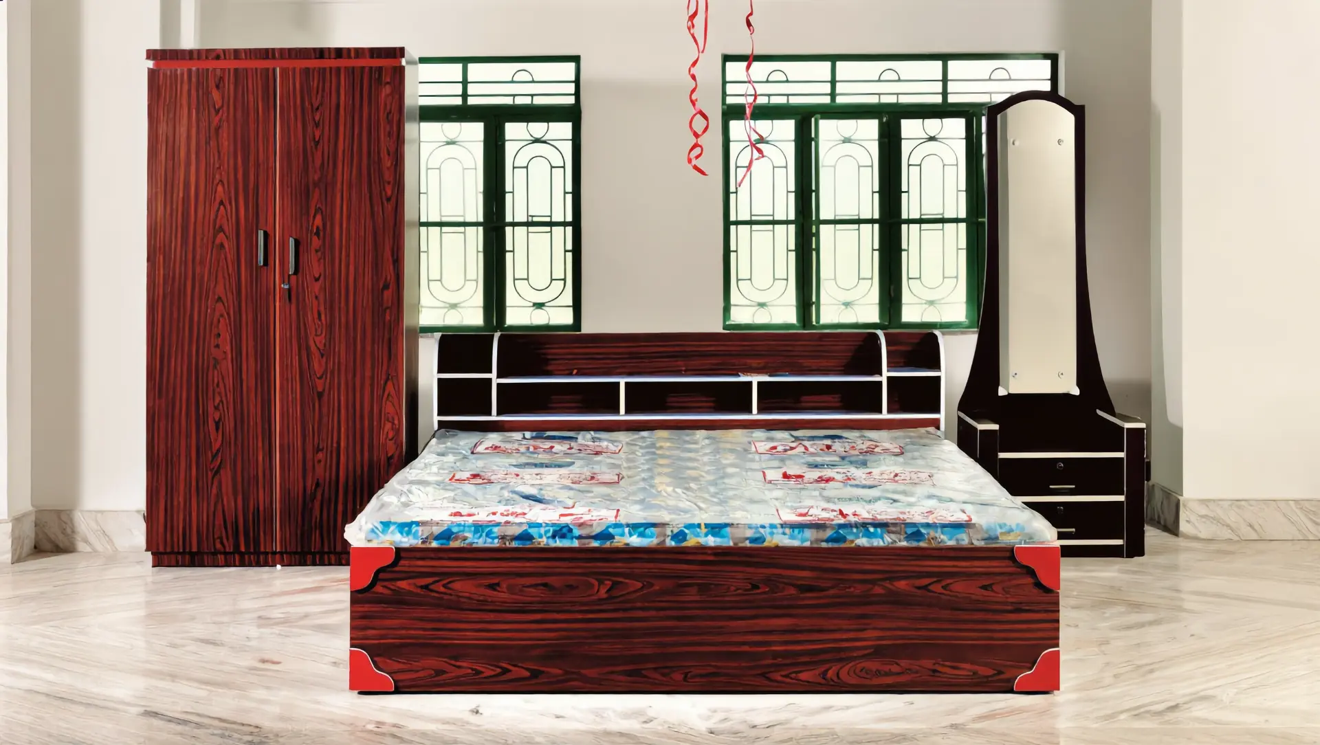 Double bed with wardrobe and dressing table set