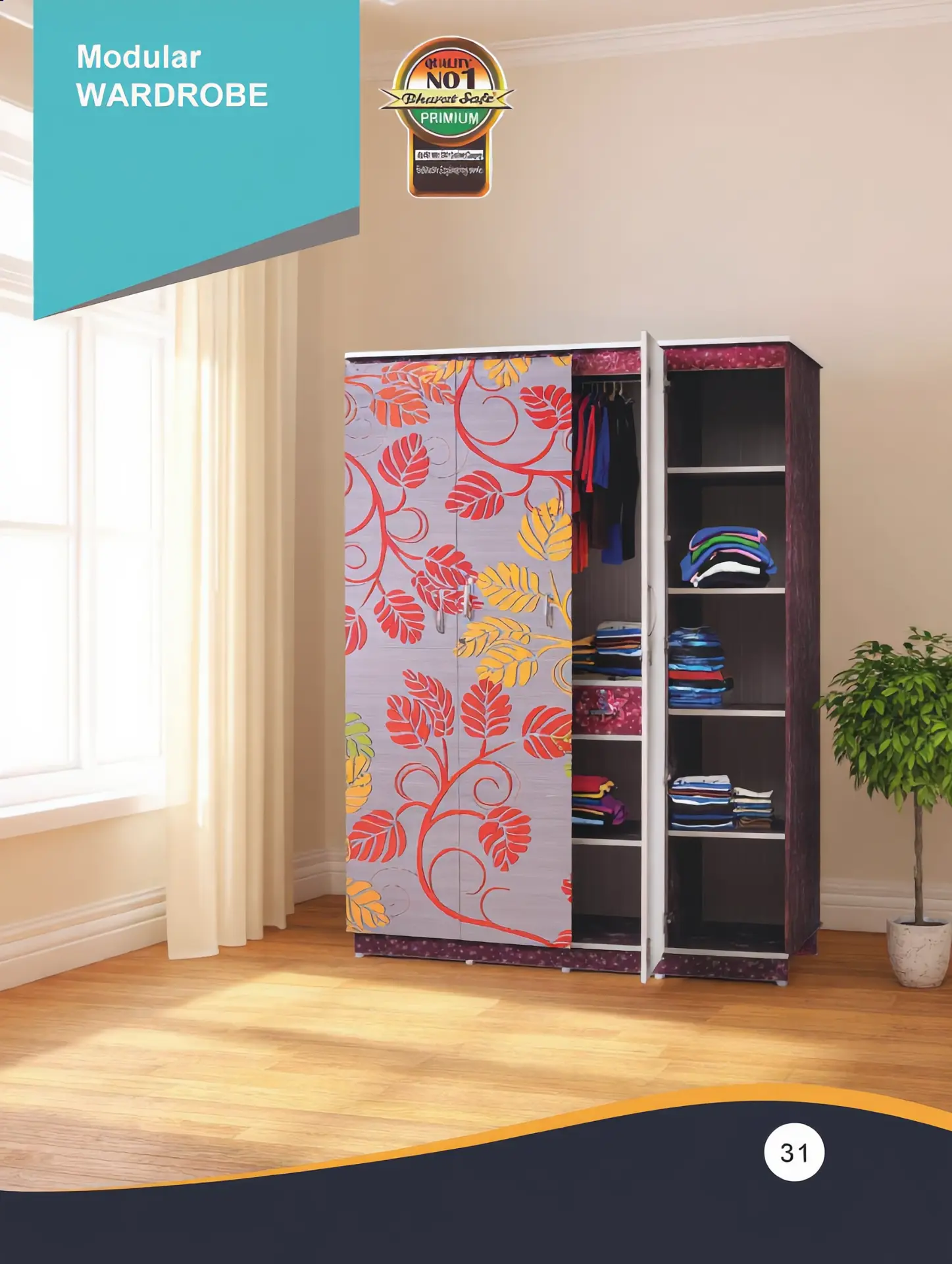 Modular wardrobe with printed doors and open shelves