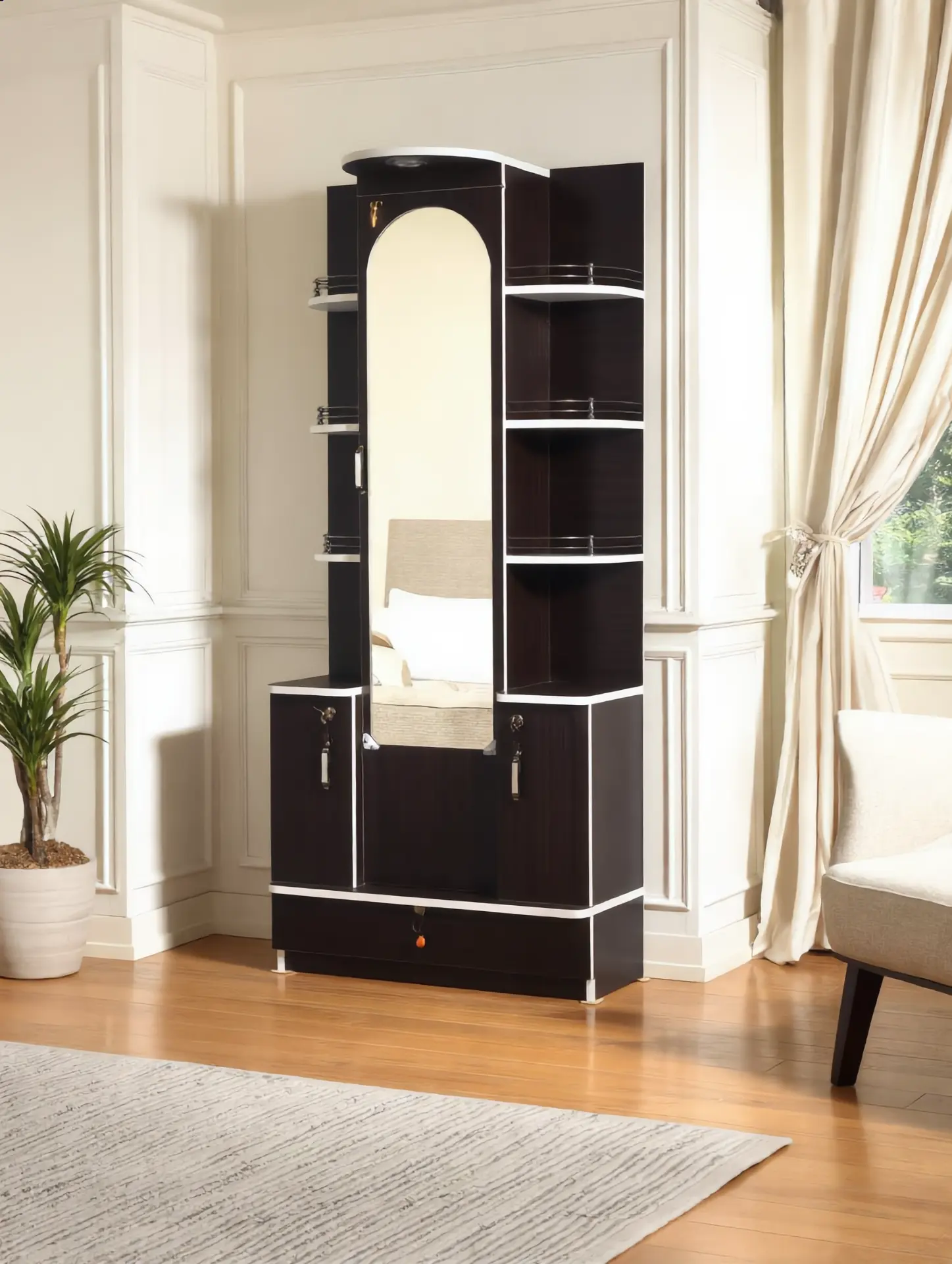 Dark wenge dressing table with arched mirror