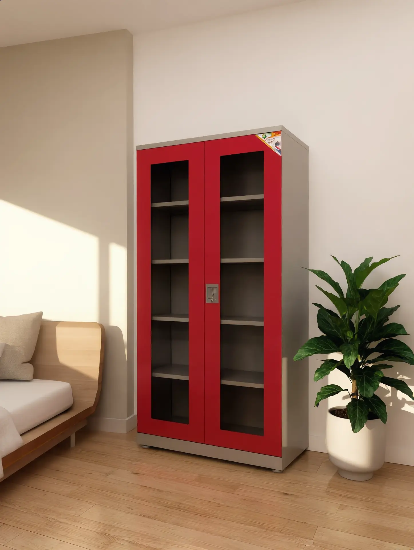 Red glass-door office storage cabinet