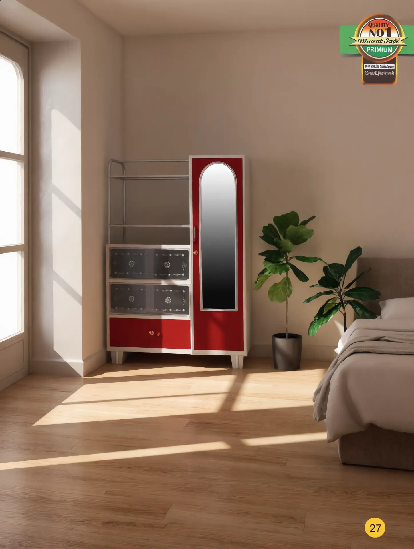 Compact mirrored wardrobe with drawer unit