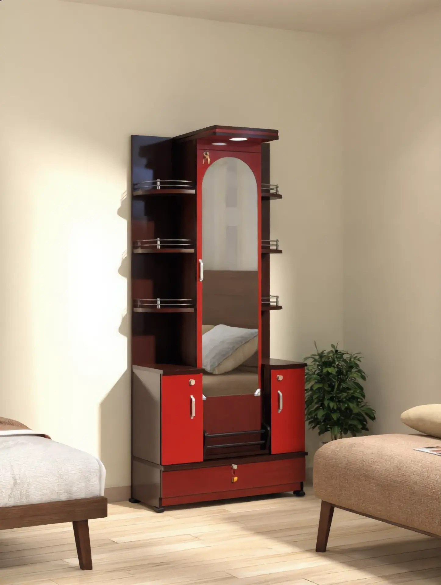 Red and brown dressing table with side shelves