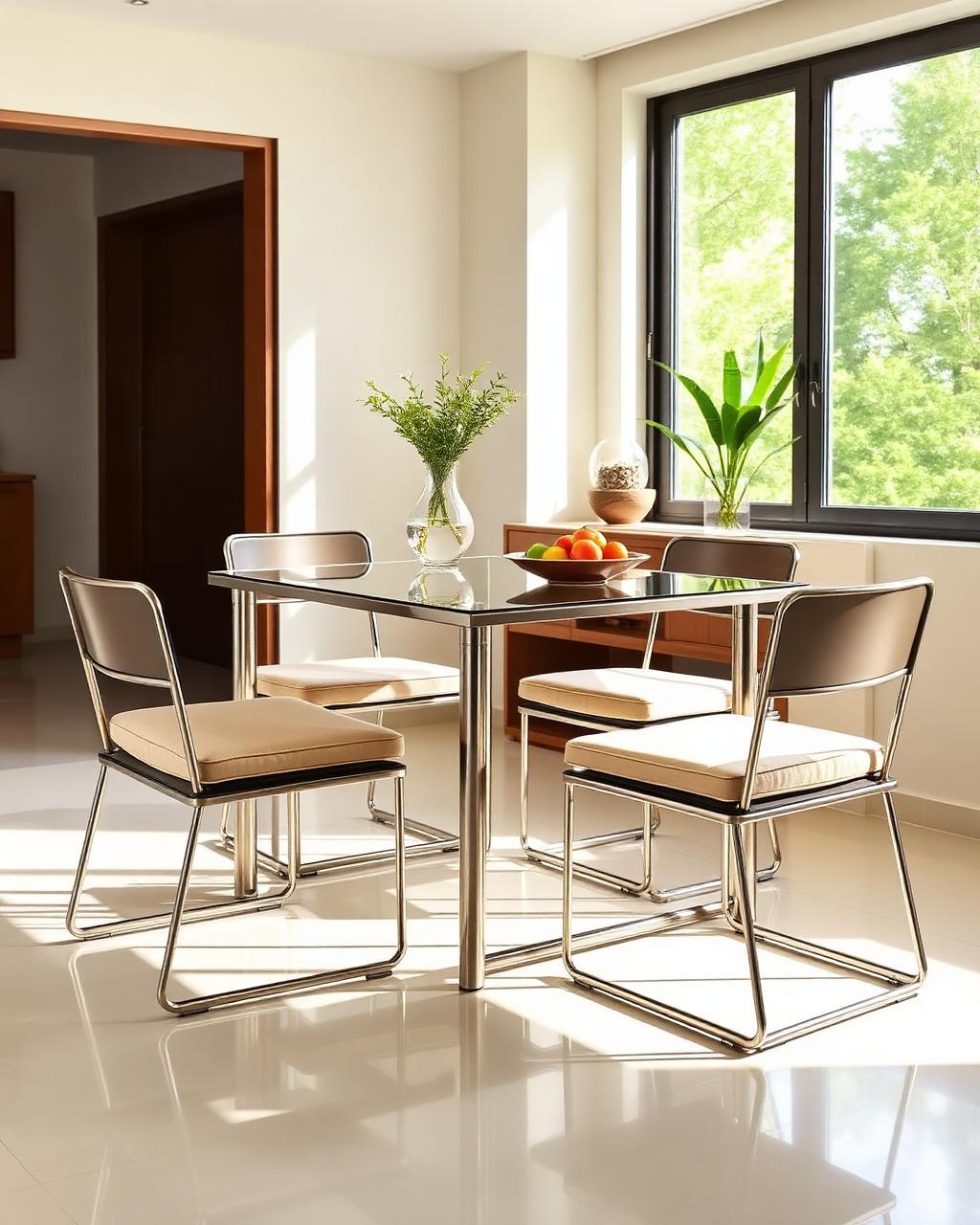 Steel dining table set with cushioned chairs